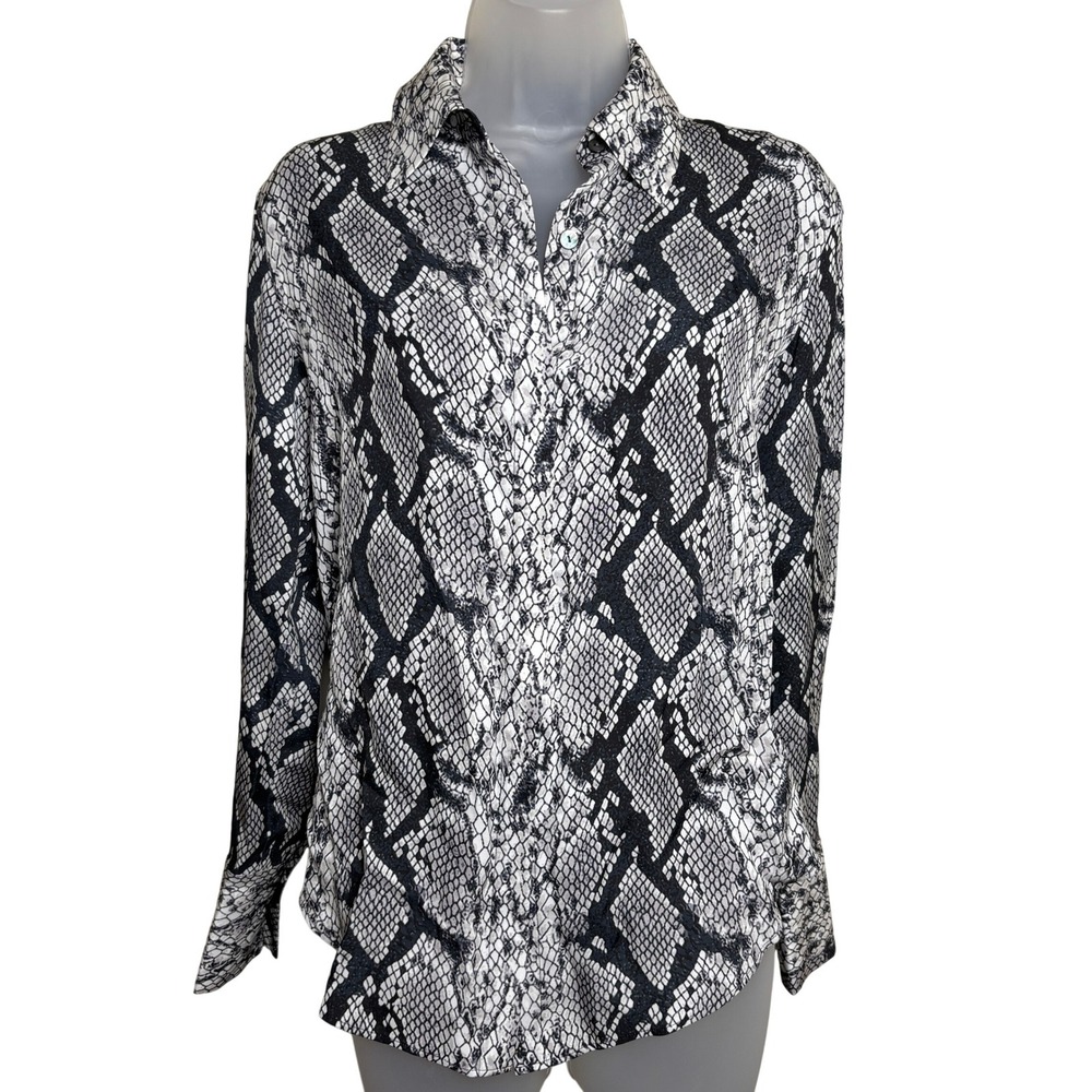 Theory Black Gray Snakeskin Python Silk Long Sleeve Button Down Shirt‎ Womens S